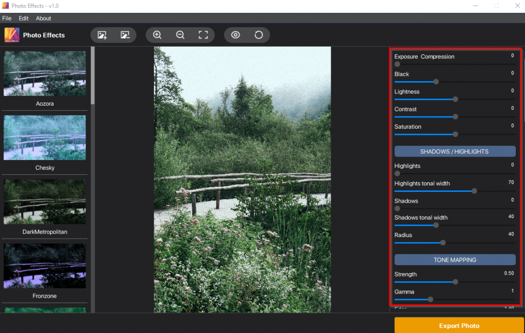 effects pane in Vertexshare Photo Effects