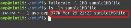 creating a 1 MB file using the fallocate command