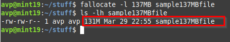 creating a 137 MB file using the fallocate command