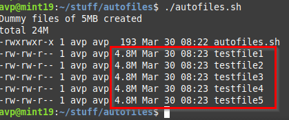 sample files generated using the Bash script that uses fallocate