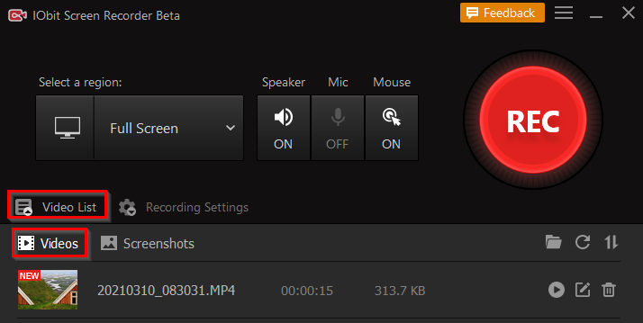 recorded video listed in the videos section in IObit Screen Recorder