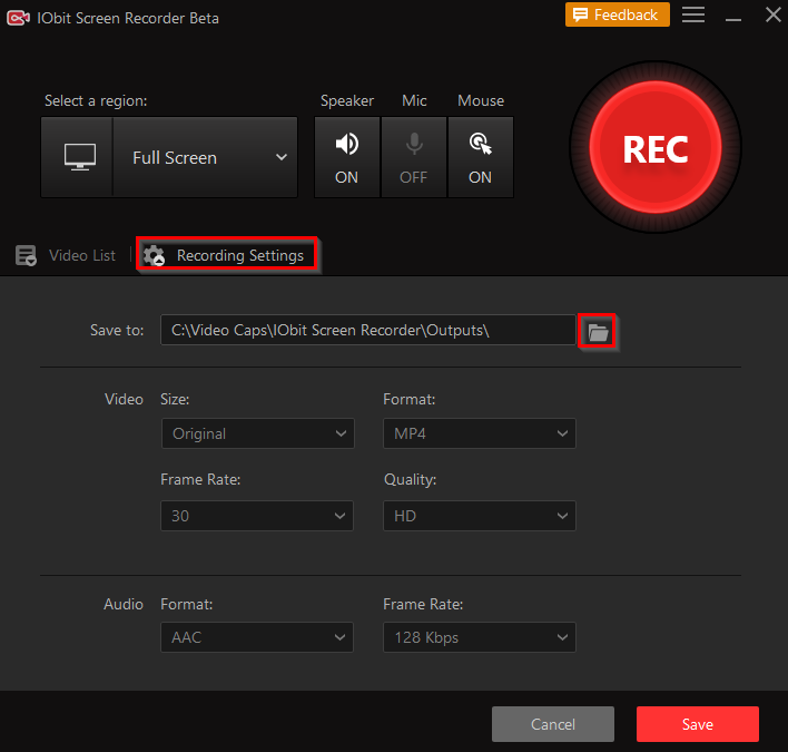 various recording settings in IObit Screen Recorder