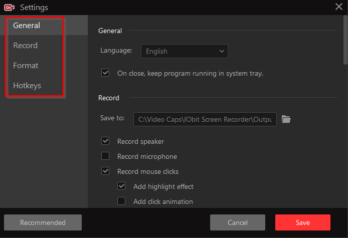 various other settings to configure in IObit Screen Recorder