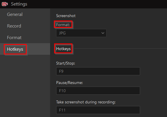 hotkeys settings to configure in IObit Screen Recorder