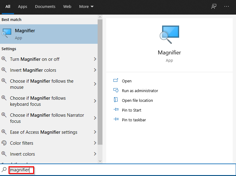 opening Magnifier in windows 10