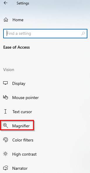 Magnifier settings in windows 10