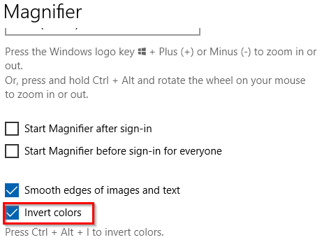 enable invert colors option for Magnifier