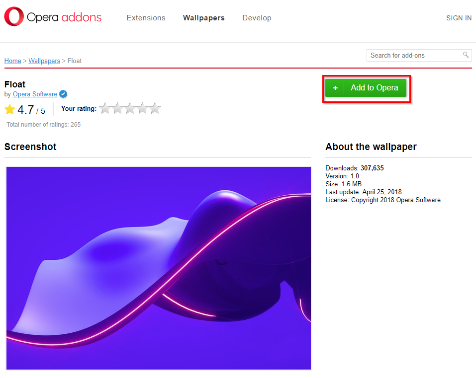 adding wallpapers from the Opera add-ons page
