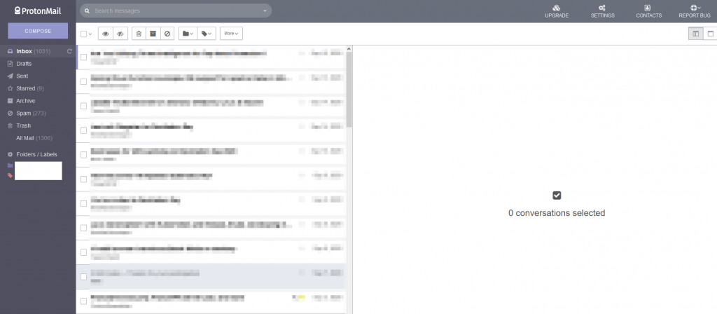 ProtonMail default inbox layout