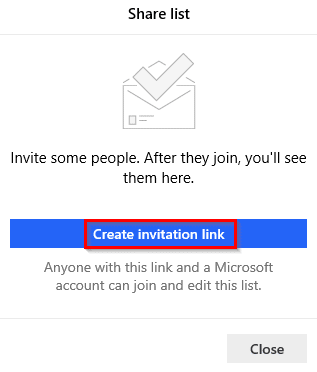 creating an invitation link for lists in Microsoft To-Do app