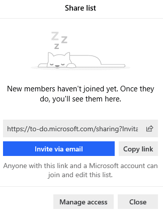 accessing the invitation link of shared lists in Microsoft To-Do app