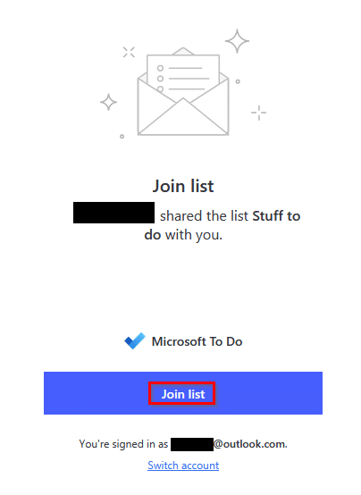 Joining the shared list in Microsoft To-Do app after signing in