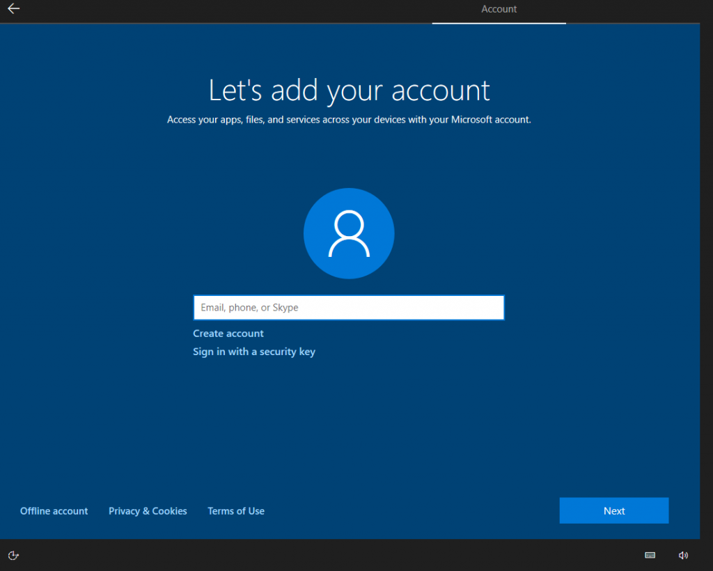 creating a new account during Windows 10 setup after a factory reset