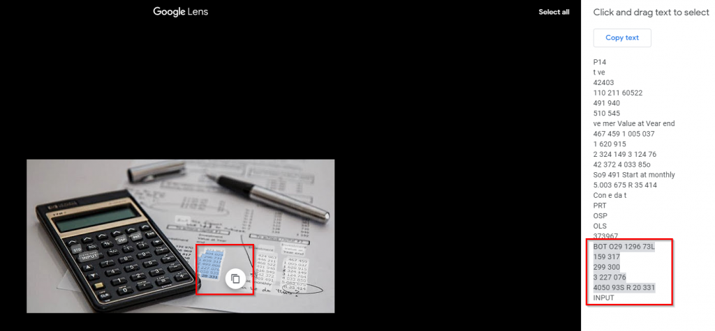 copying specific portions of text from image through Google Lens