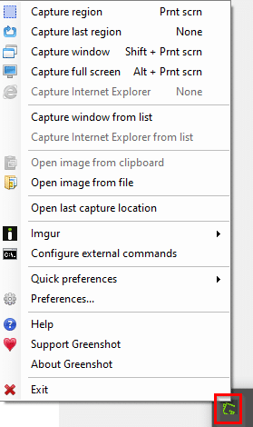 Greenshot screen capture options