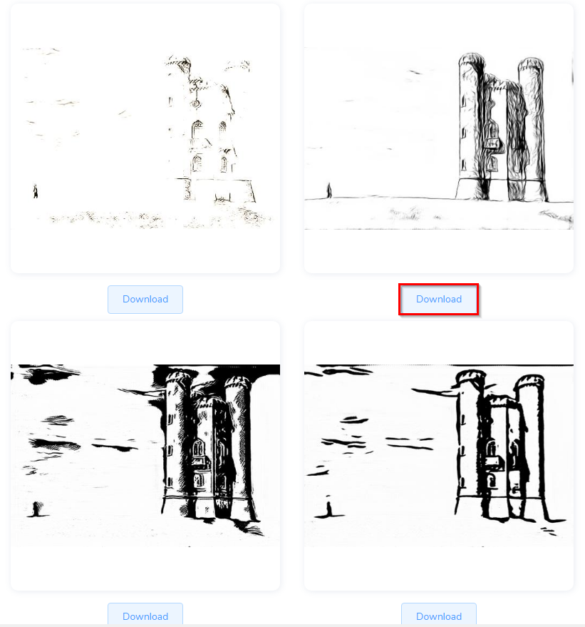 Individual pencil sketches generated from the original input image by Sketcher AI can be downloaded 