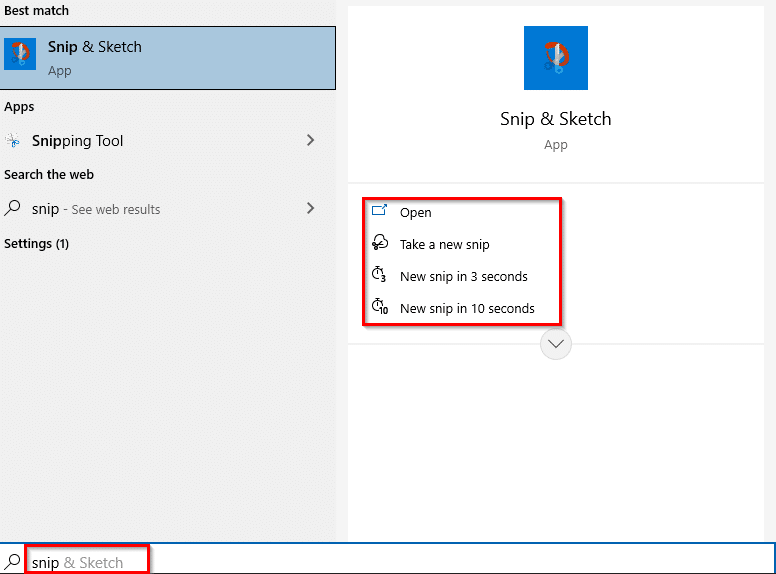 Snip & Sketch from the Windows search box