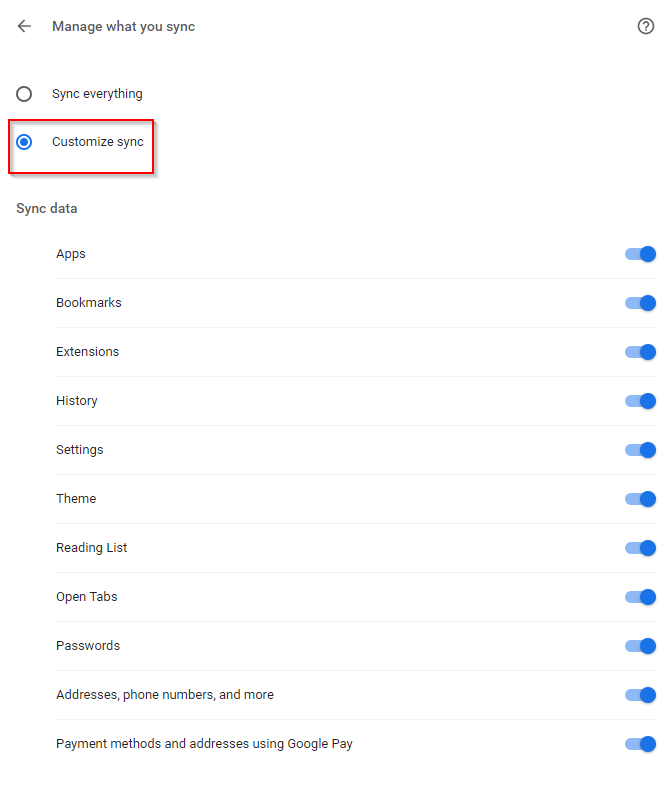 choosing what to sync in Chrome