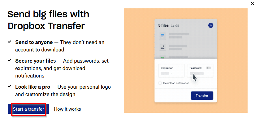 starting a Dropbox Transfer