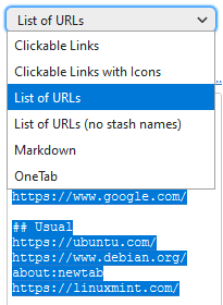 choosing only the list of URLs to export in Tab Stash