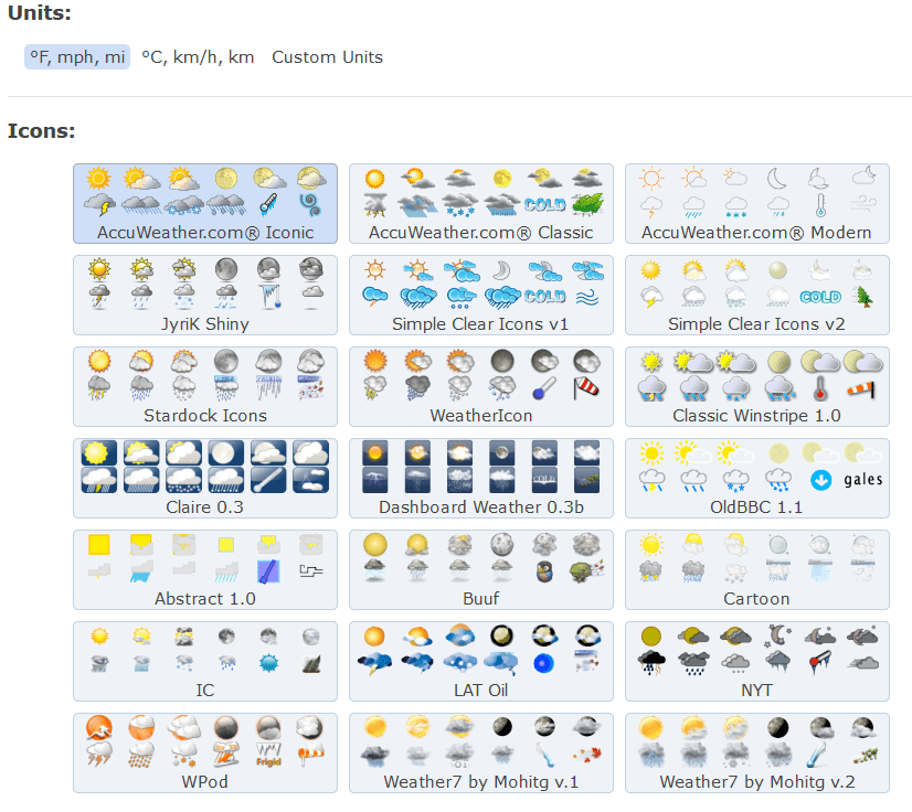 choosing between weather units and display styles in Forecastfox