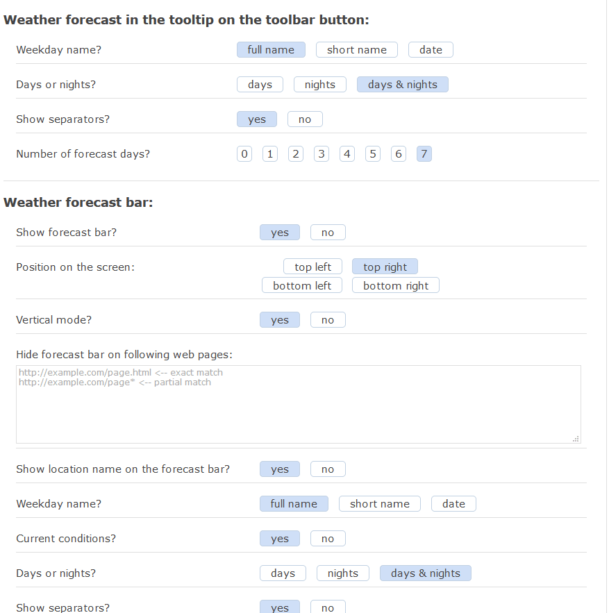 weather forecast display options in Forecastfox