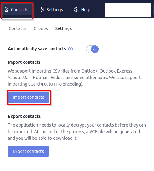 managing contacts settings in Proton Calendar