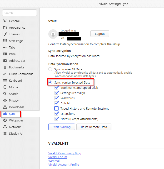 choosing what to sync in Vivaldi