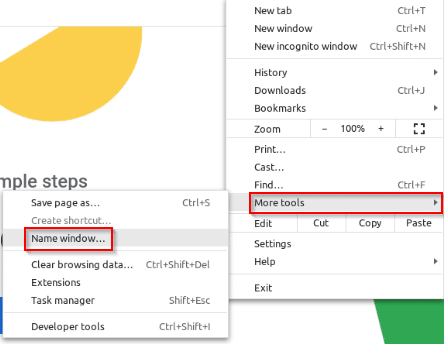 accessing the name window option in Google Chrome