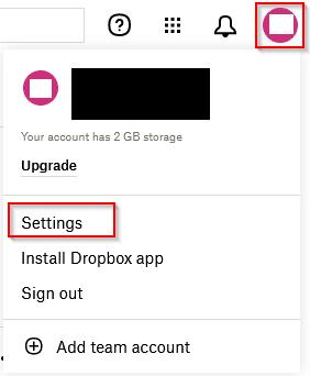 accessing Dropbox settings