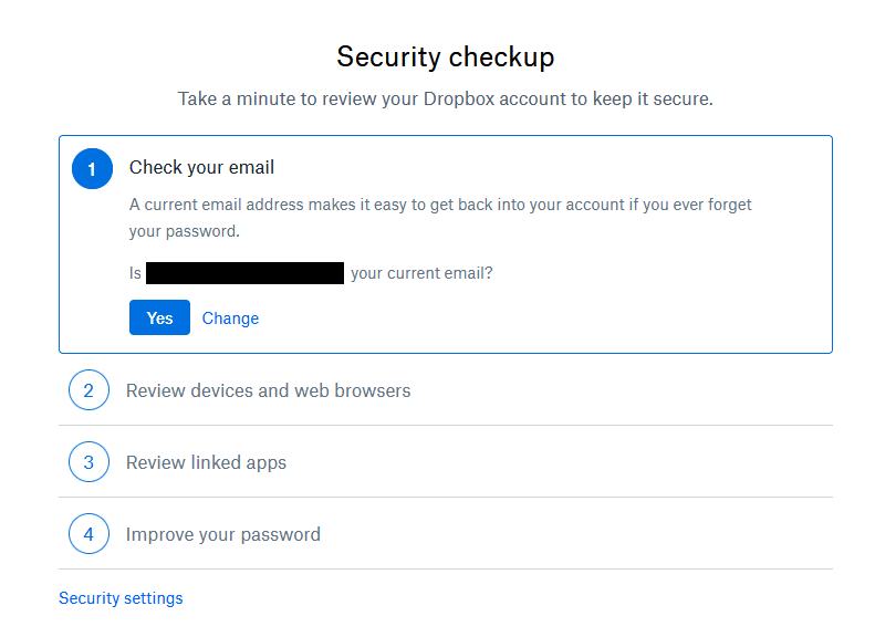 using the secuity checkup tool in Dropbox to update email address