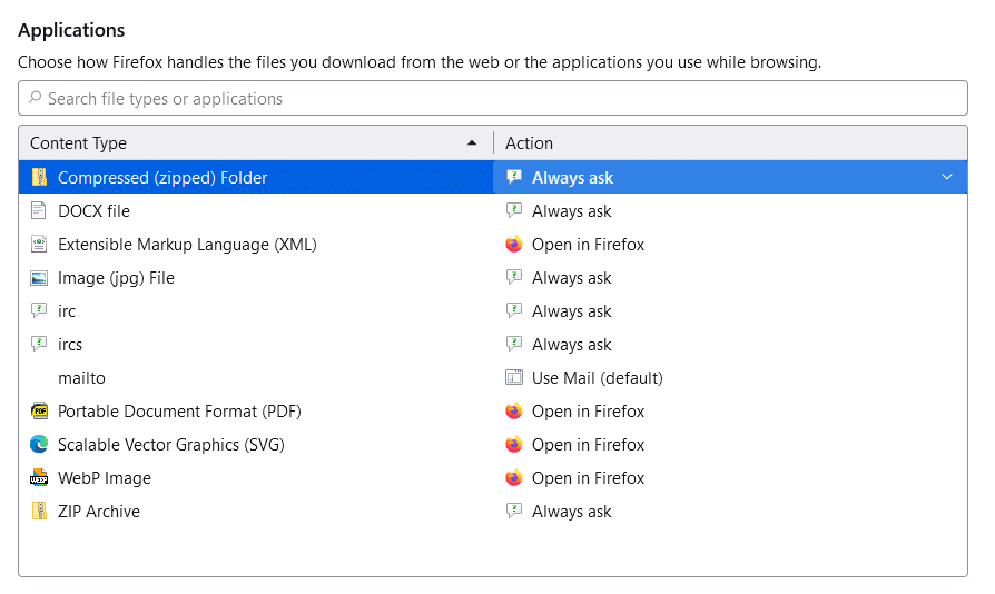 accessing application settings in Firefox 