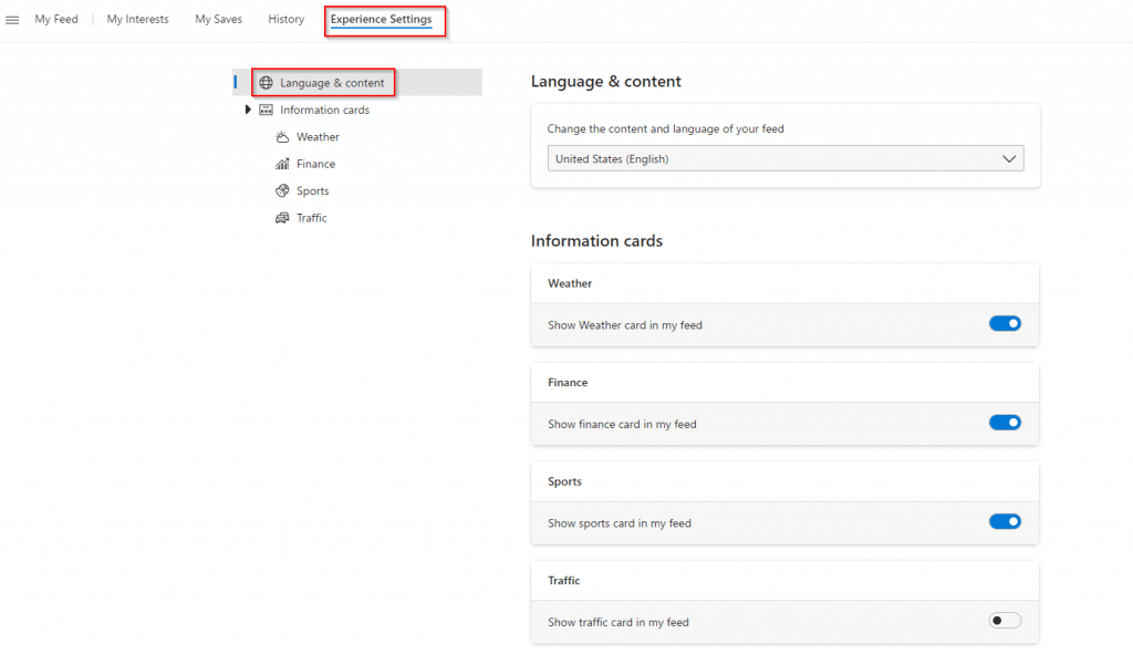 changing the region and language settings for News and interests