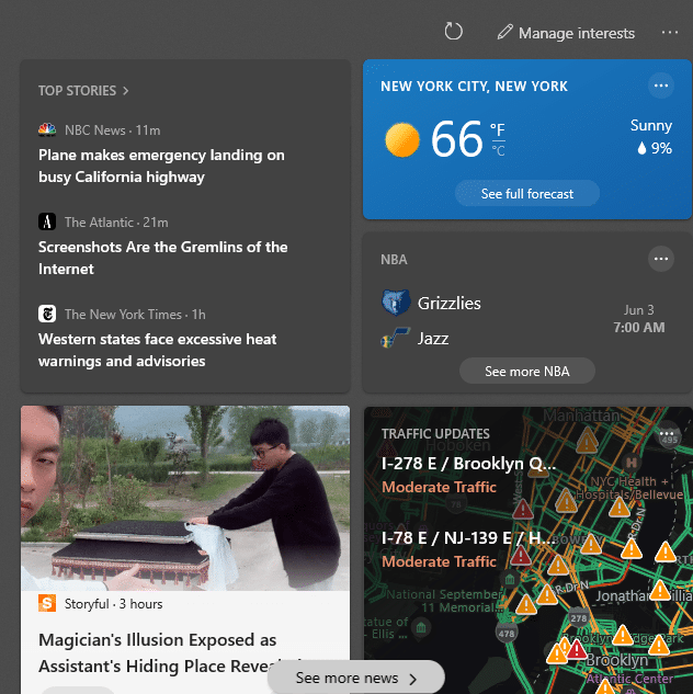 News and interests widget in Windows 10 taskbar