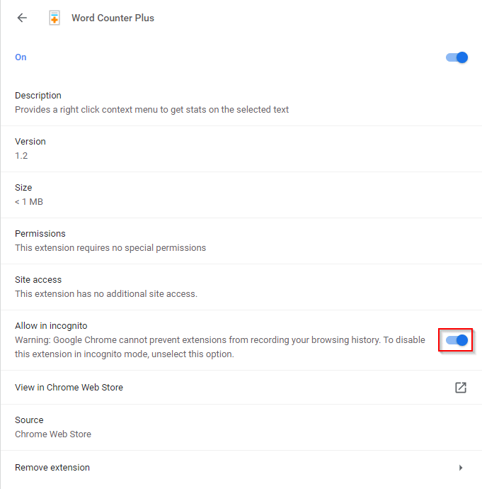 allow Word Counter Plus in incognito mode