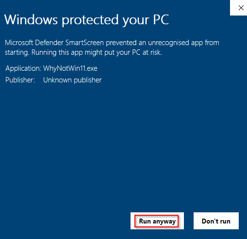 allowing WhyNotWin11 to run on Windows 10