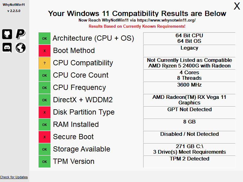 WhyNotWin11 diagnosis for Windows 11 compatibility