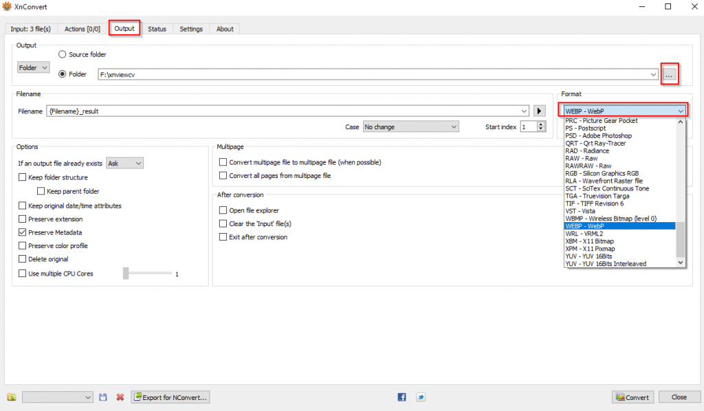 configuring output settings in XnConvert