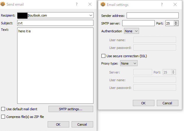 configuring email client settings in XnConvert for uploading processed images