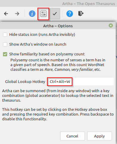 changing settings in Artha