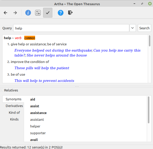 Artha describing meanings of typed-in words 