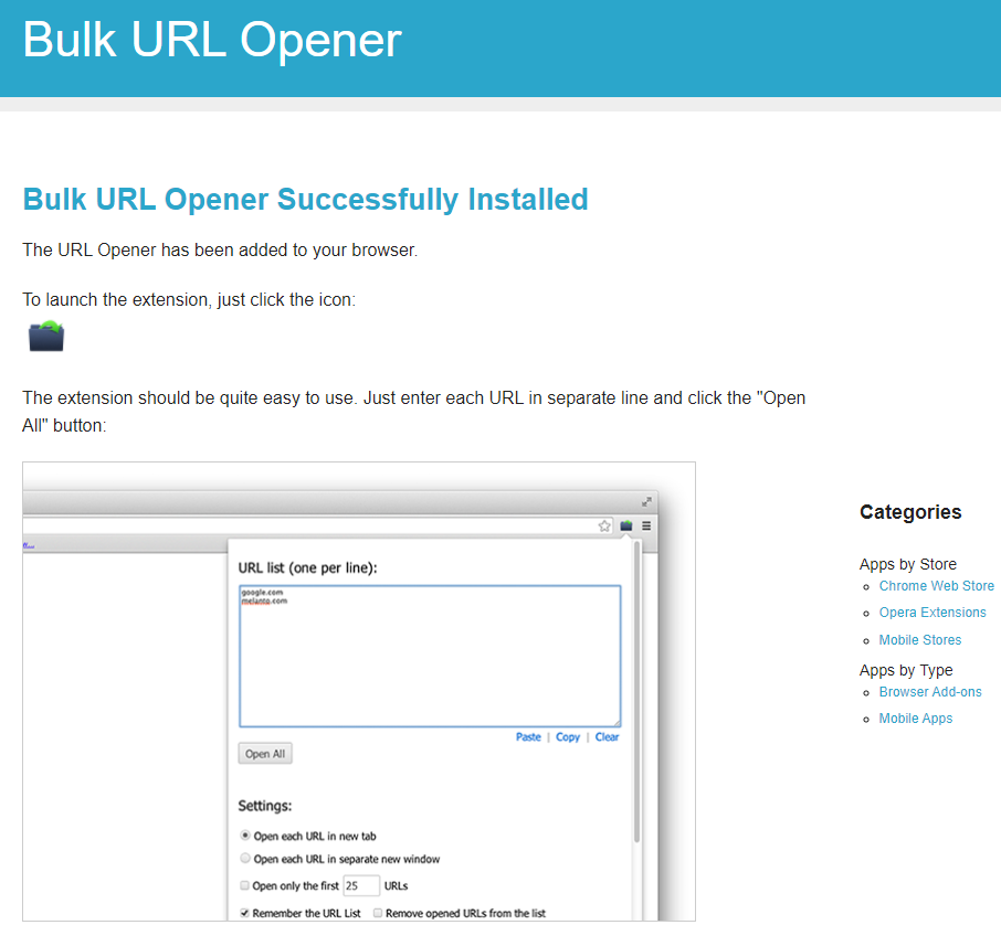 welcome page for Bulk URL Opener Extension once it is installed