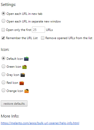 various settings for Bulk URL Opener Extension