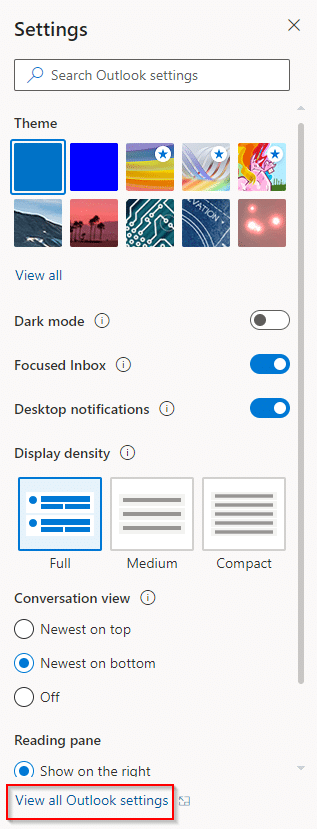 accessing all outlook settings