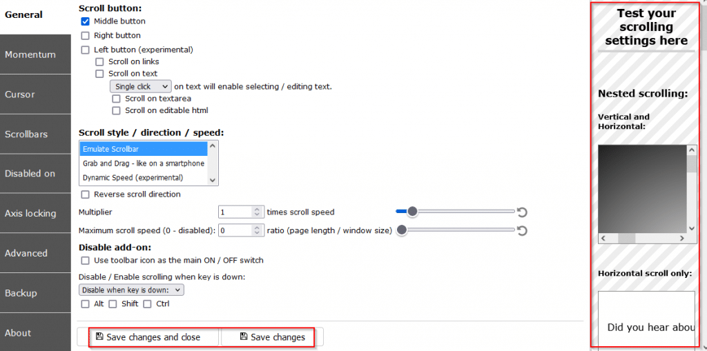 General settings for changing scrolling behavior