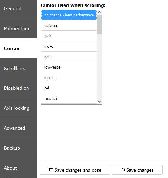 cursor settings during scrolling