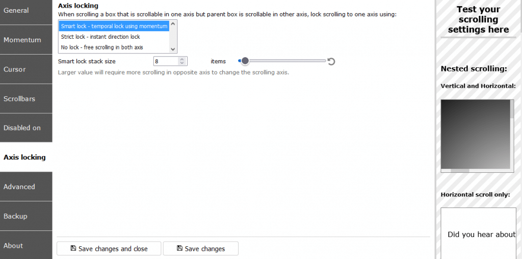 axis locking settings in ScrollAnywhere