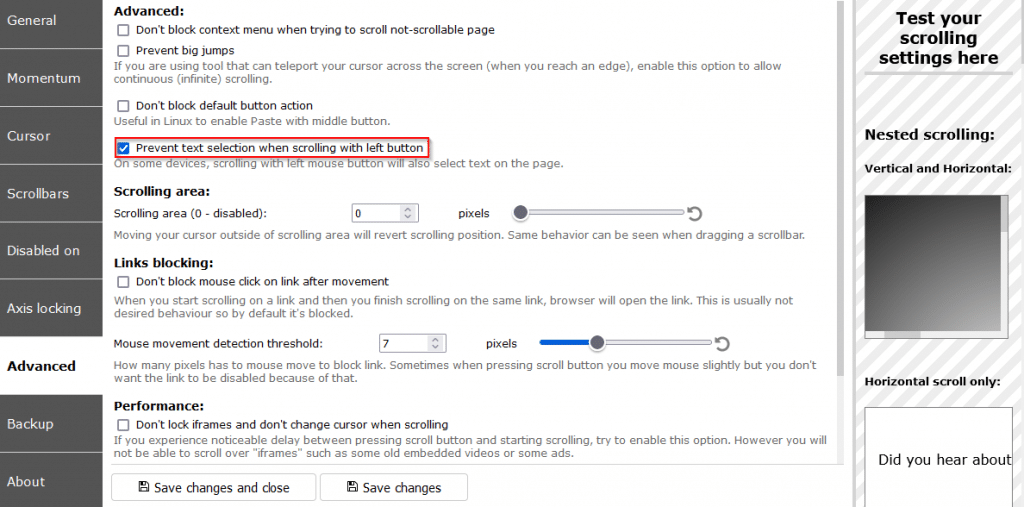 advanced settings in ScrollAnywhere