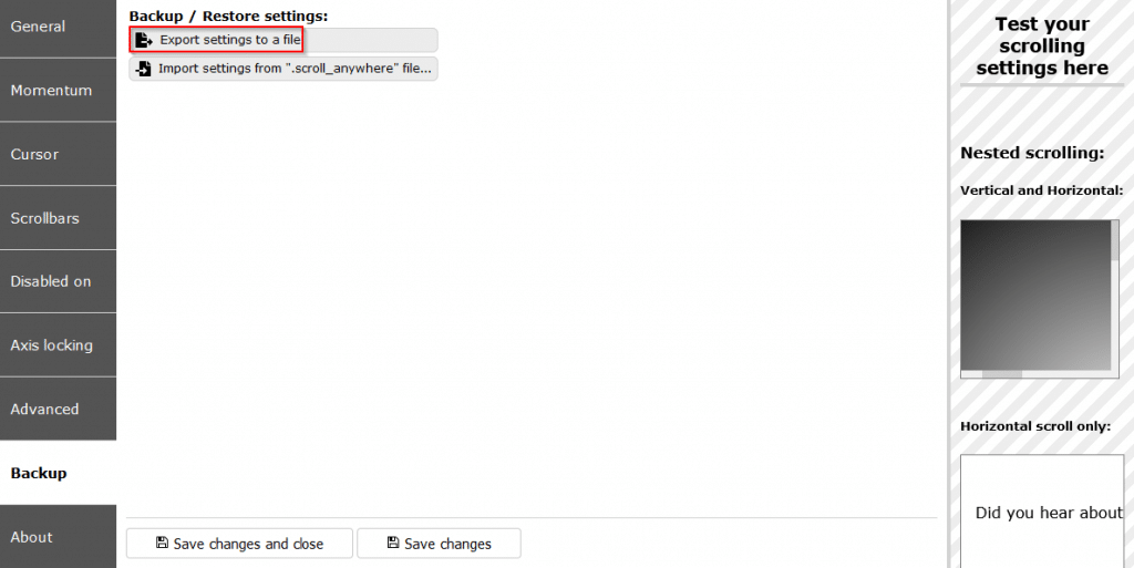 export and import ScrollAnywhere settings