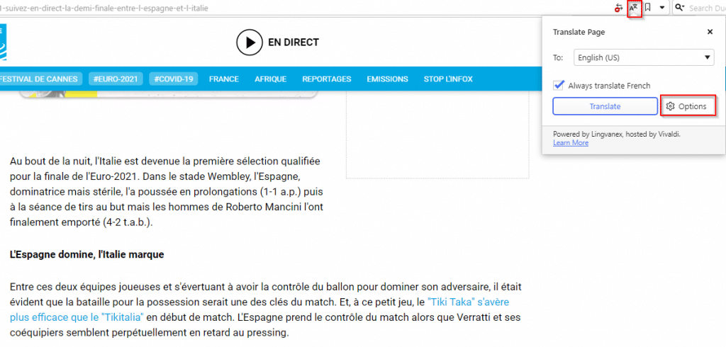 Vivaldi Translate detects pages in different languages and offers to translate them